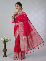 Magenta zari butti work satin silk saree