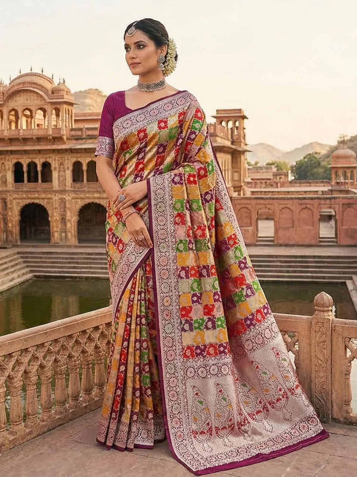 Wine zari motif banarasi silk saree