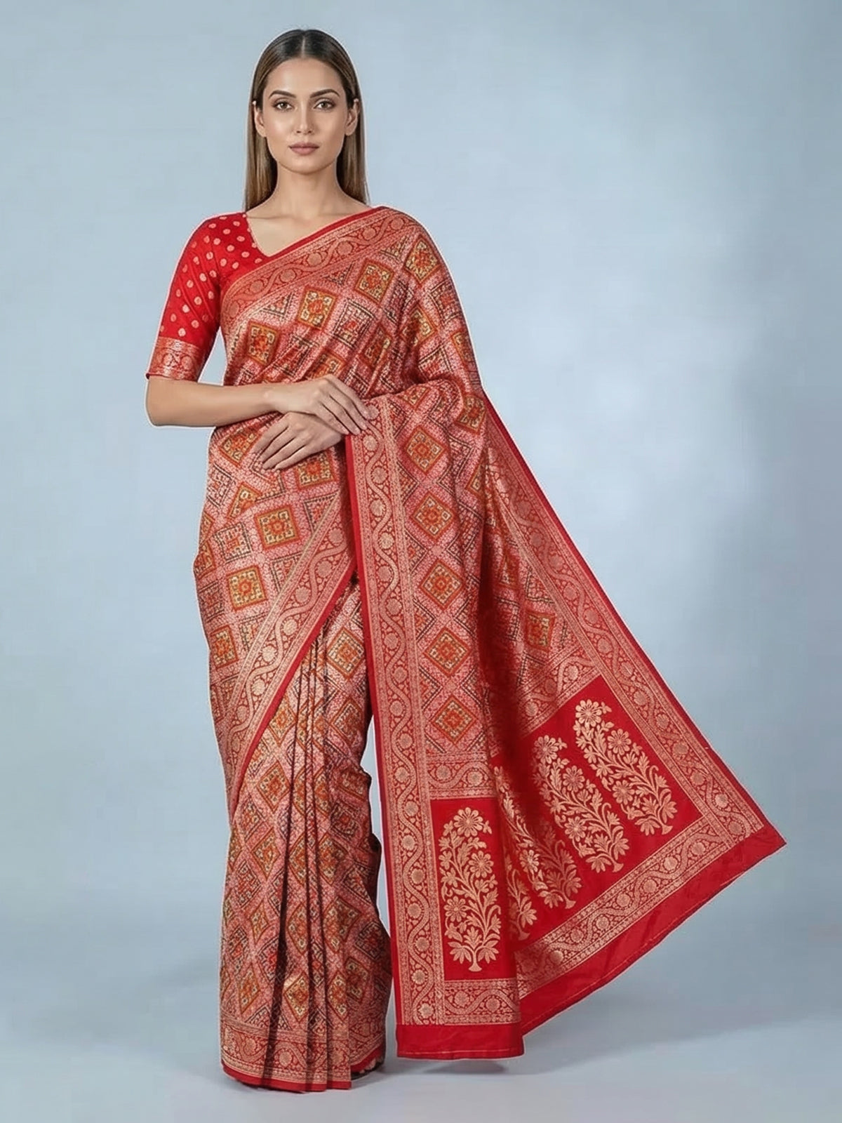 Red zari printed banarasi silk saree