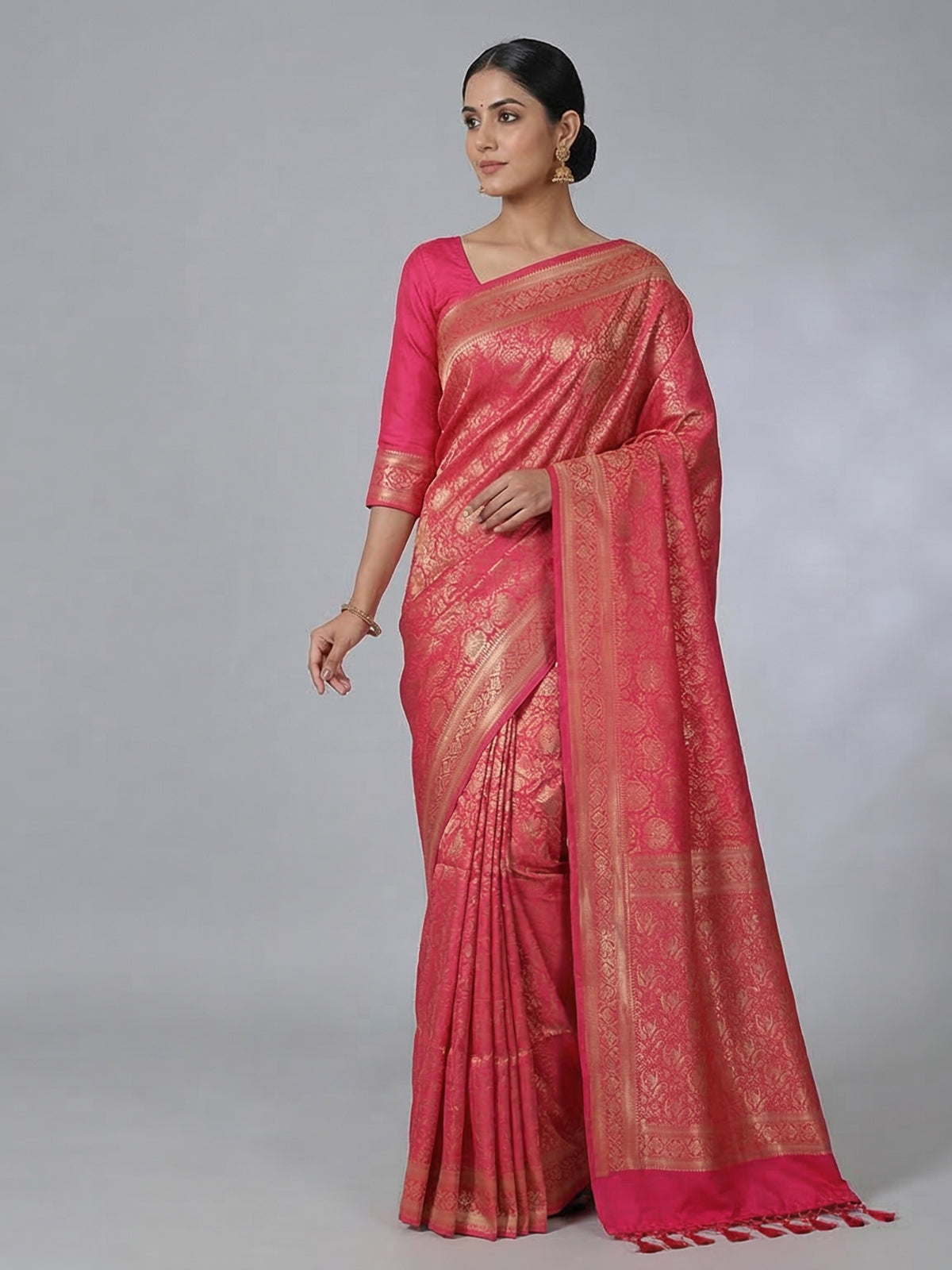 Gajari pink semi silk zari work saree