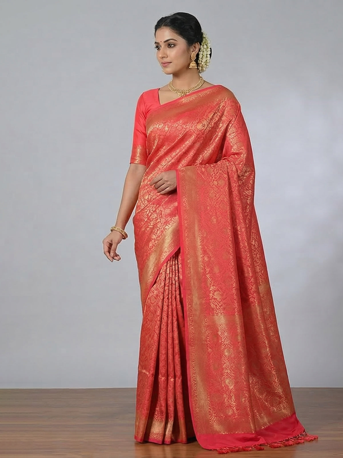 Gajari pink semi silk saree with zari work