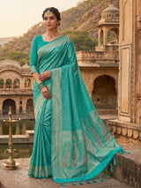 Aqua blue zari worked saree in semi silk