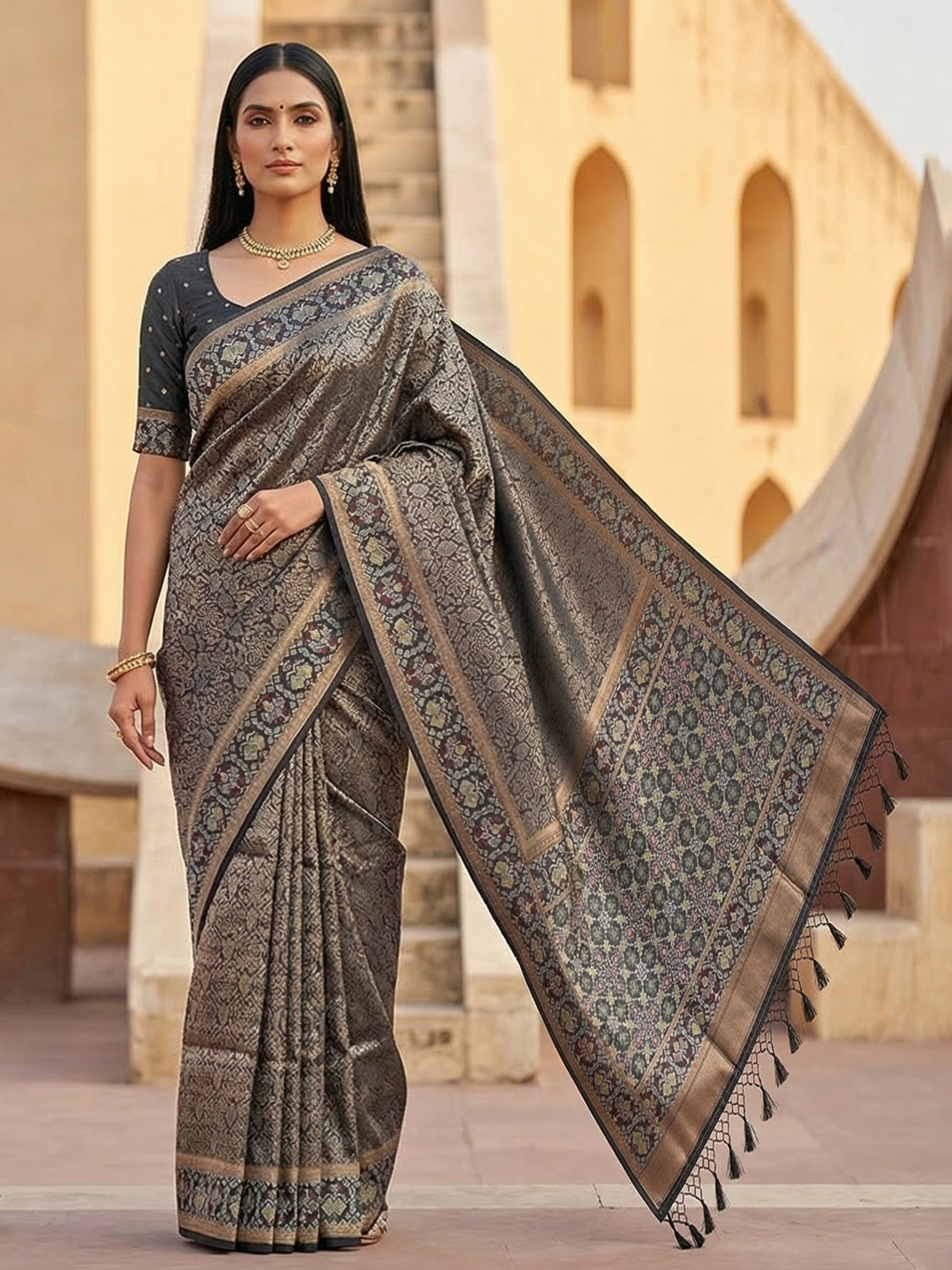 Black semi silk zari saree with colorful border