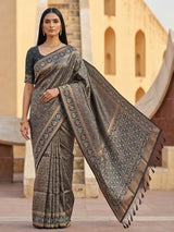 Black semi silk zari saree with colorful border