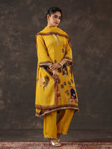 Mustard yellow viscose crepe printed kurti set with dupatta