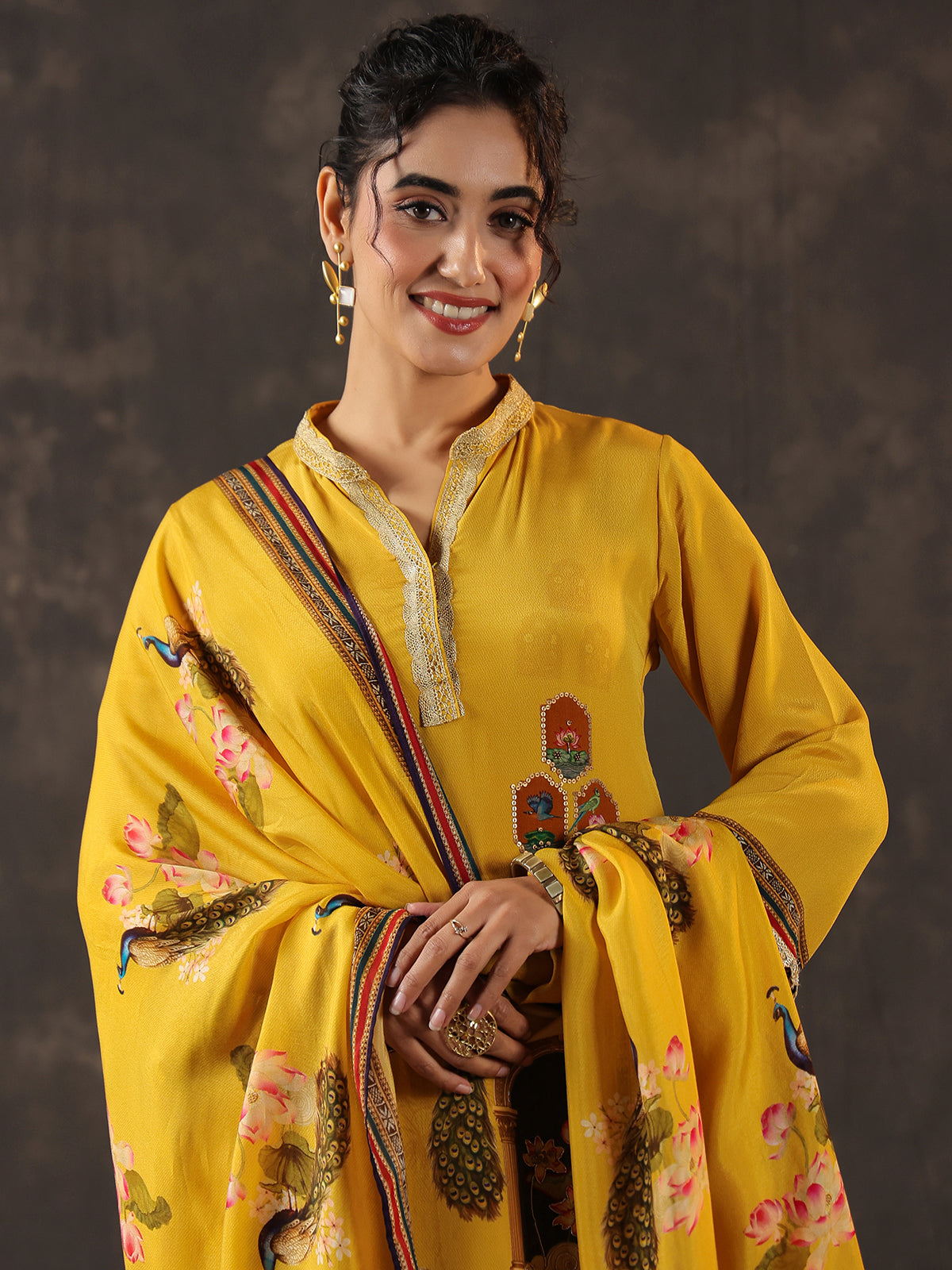 Mustard yellow viscose crepe printed kurti set with dupatta