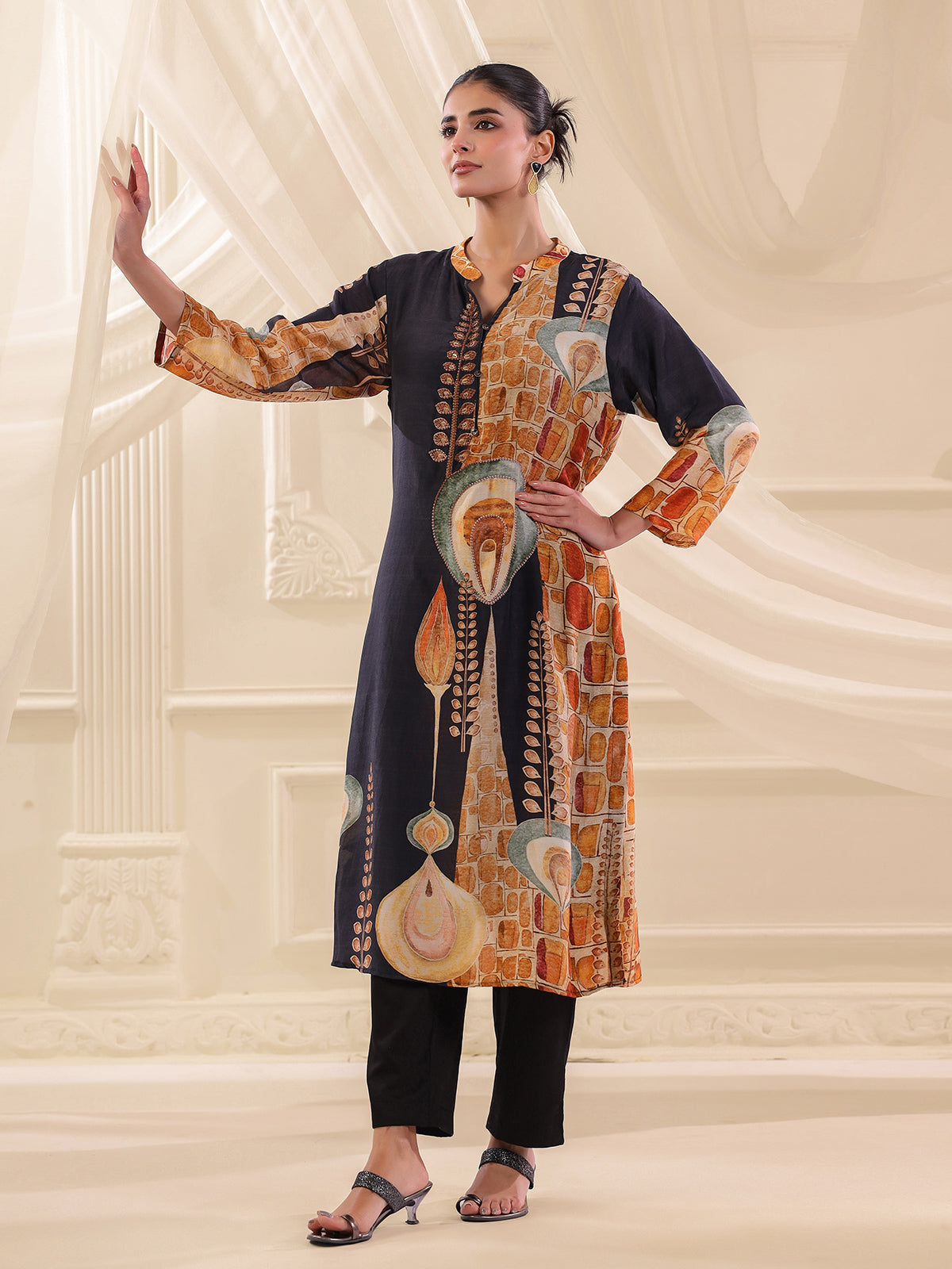 Navy blue Russian silk printed straight cut kurti set