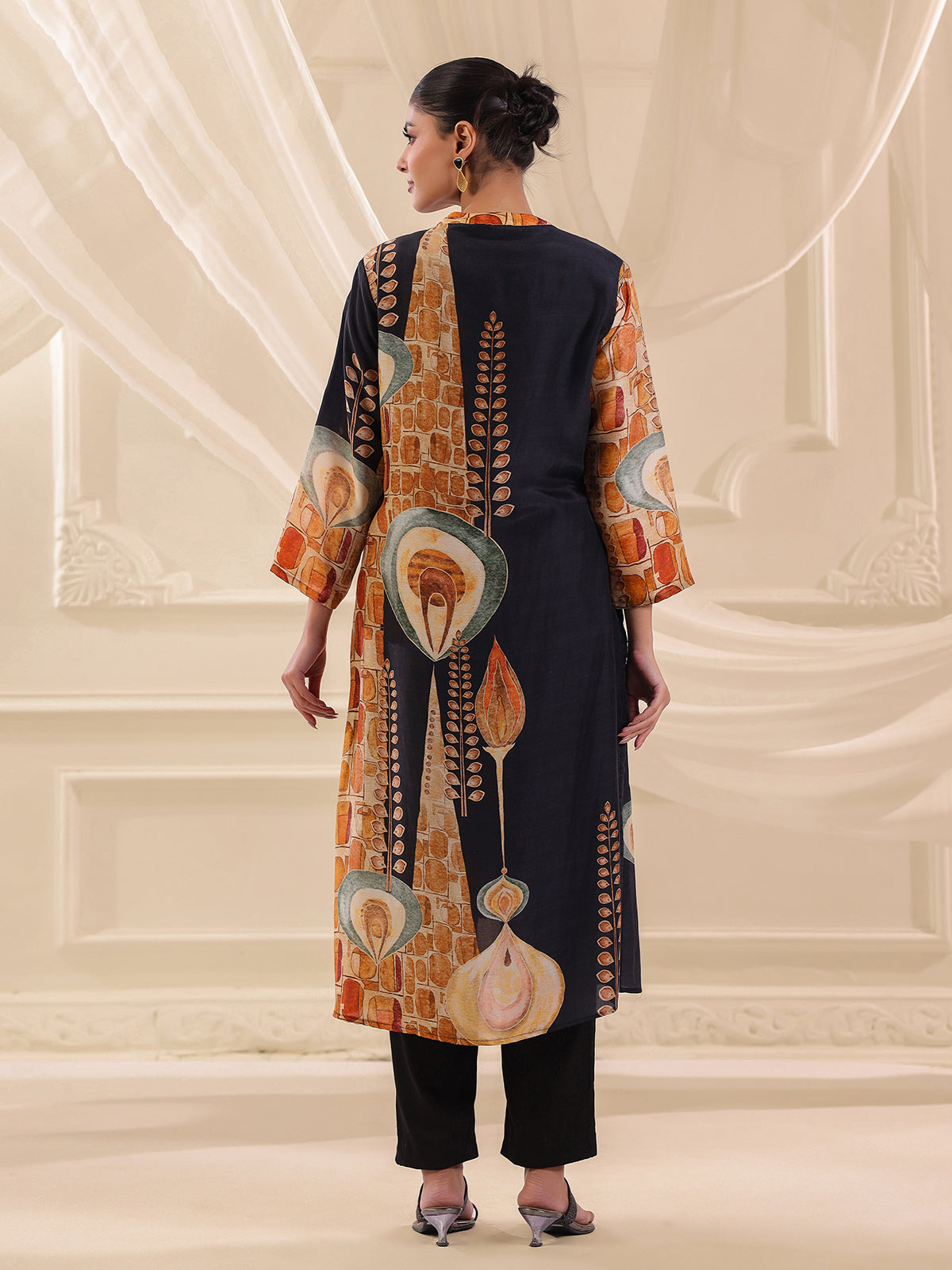 Navy blue Russian silk printed straight cut kurti set
