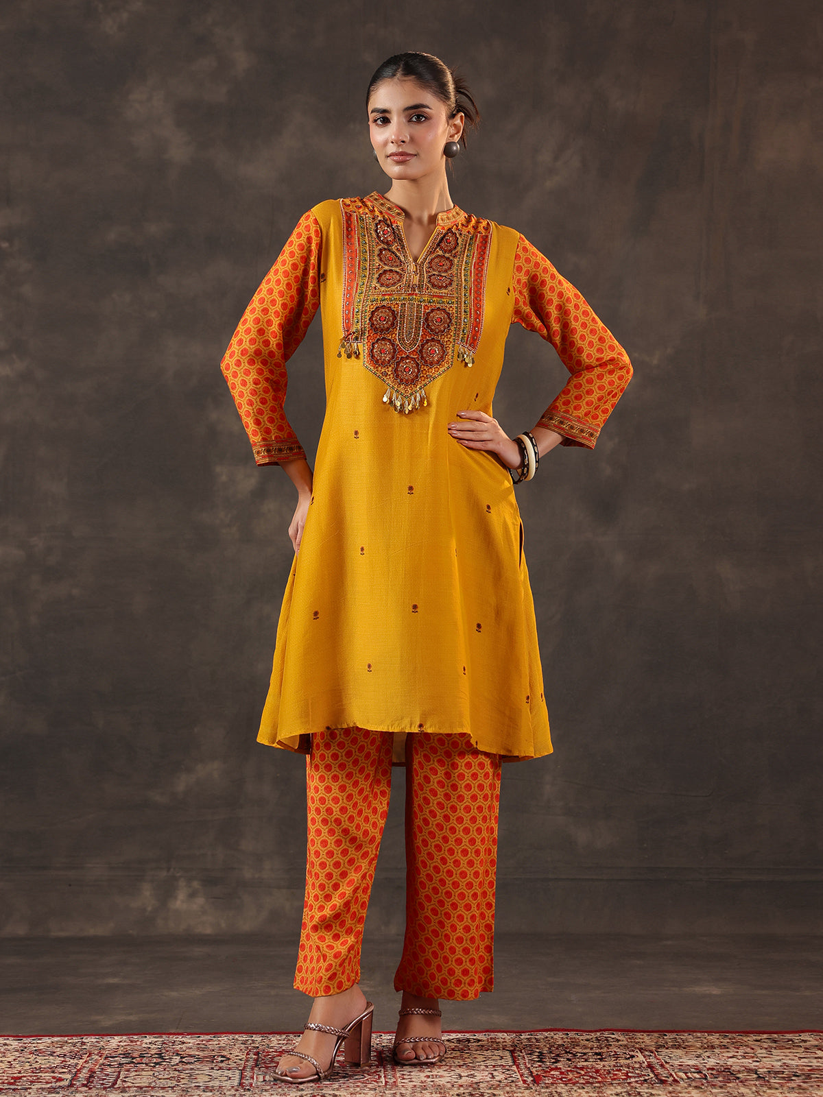 Mustard yellow chanderi silk printed yoke style kurti set