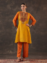 Mustard yellow chanderi silk printed yoke style kurti set