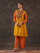 Mustard yellow chanderi silk printed yoke style kurti set
