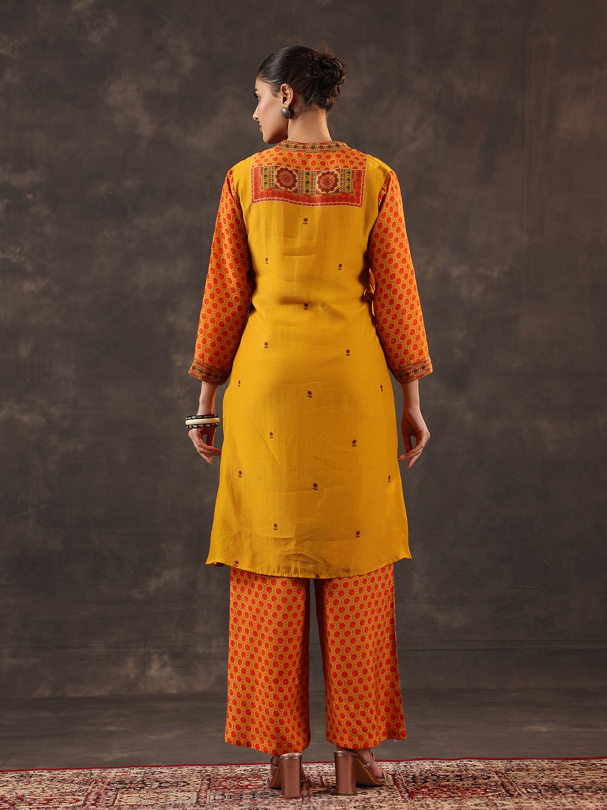 Mustard yellow chanderi silk printed yoke style kurti set