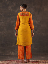 Mustard yellow chanderi silk printed yoke style kurti set