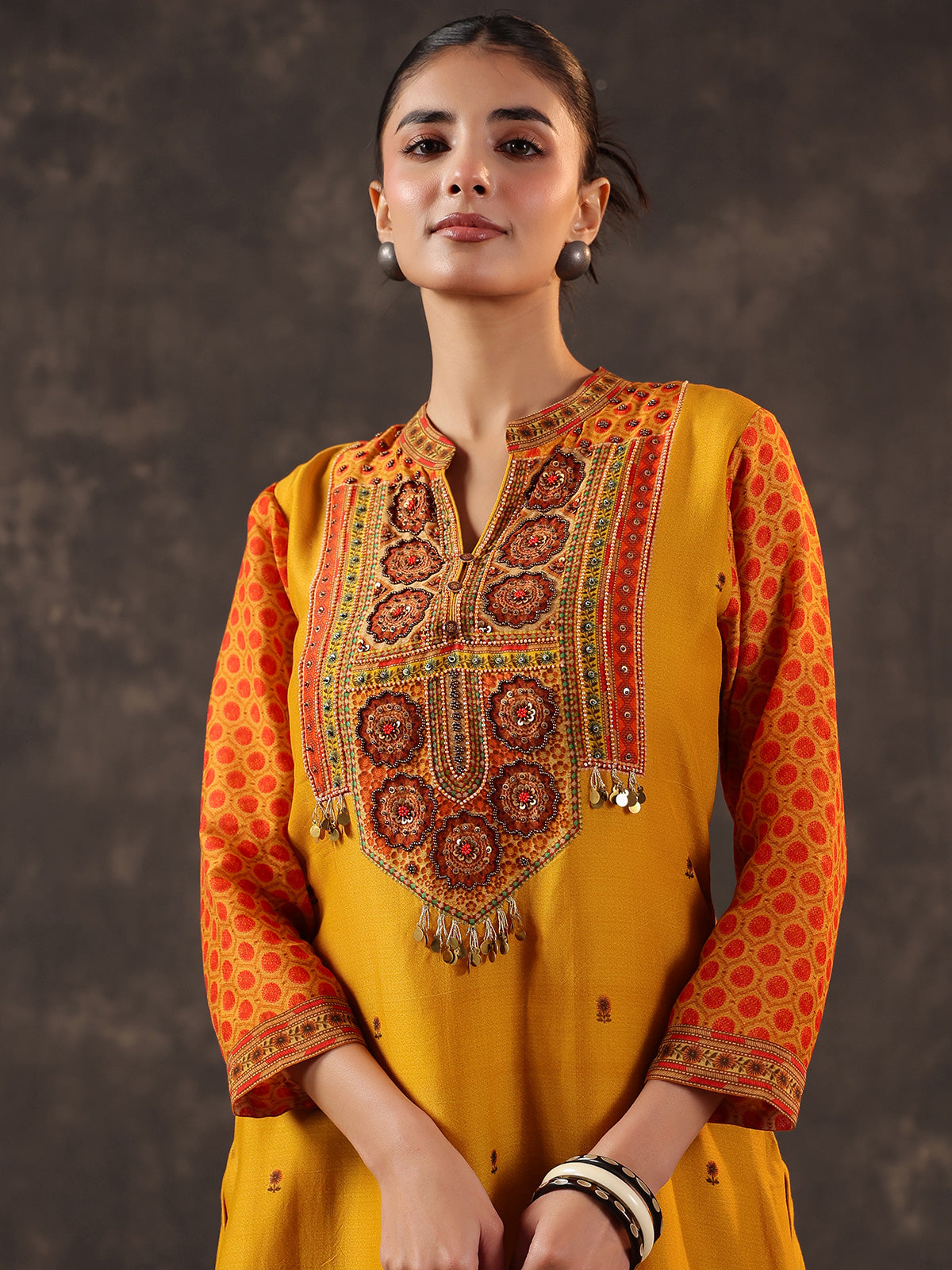 Mustard yellow chanderi silk printed yoke style kurti set