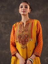 Mustard yellow chanderi silk printed yoke style kurti set
