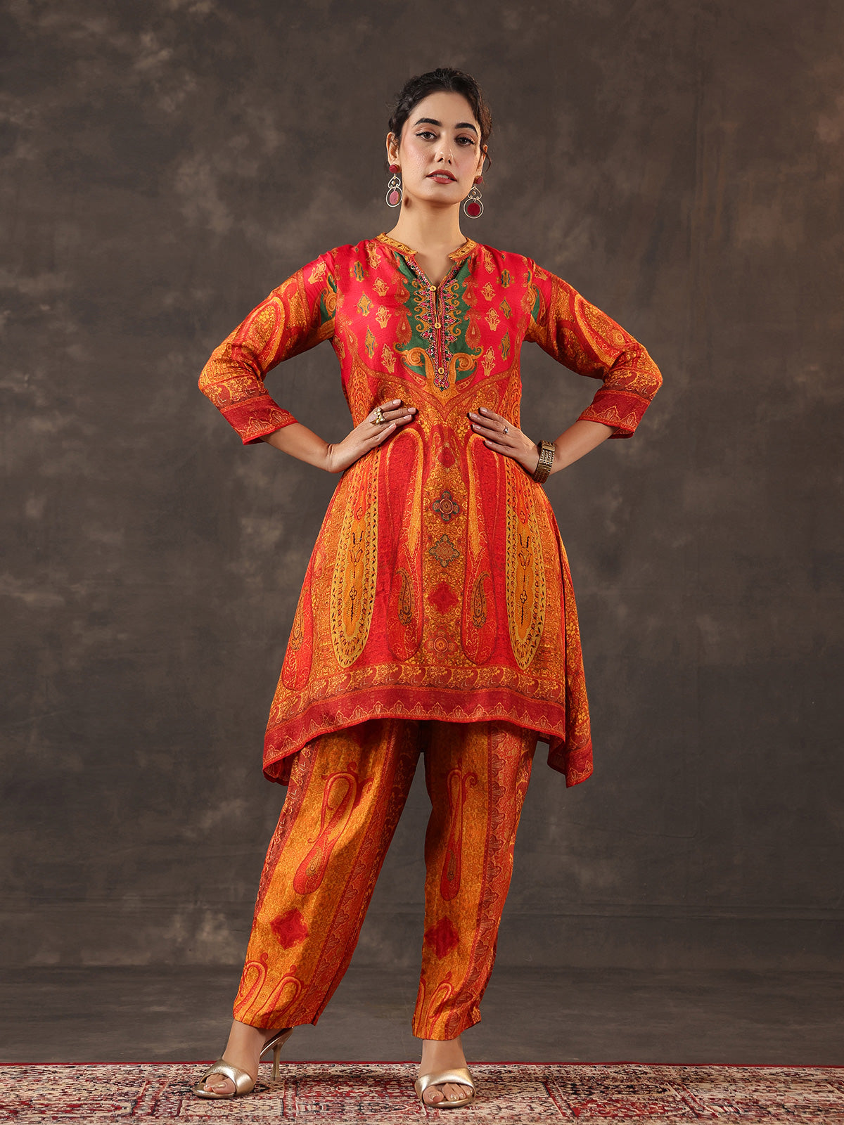 Red dola silk printed A line traditional kurti set