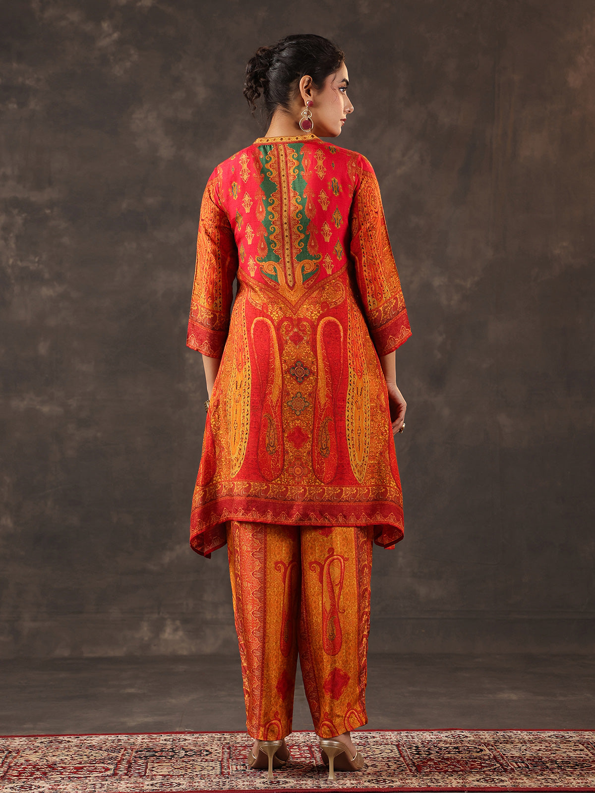 Red dola silk printed A line traditional kurti set