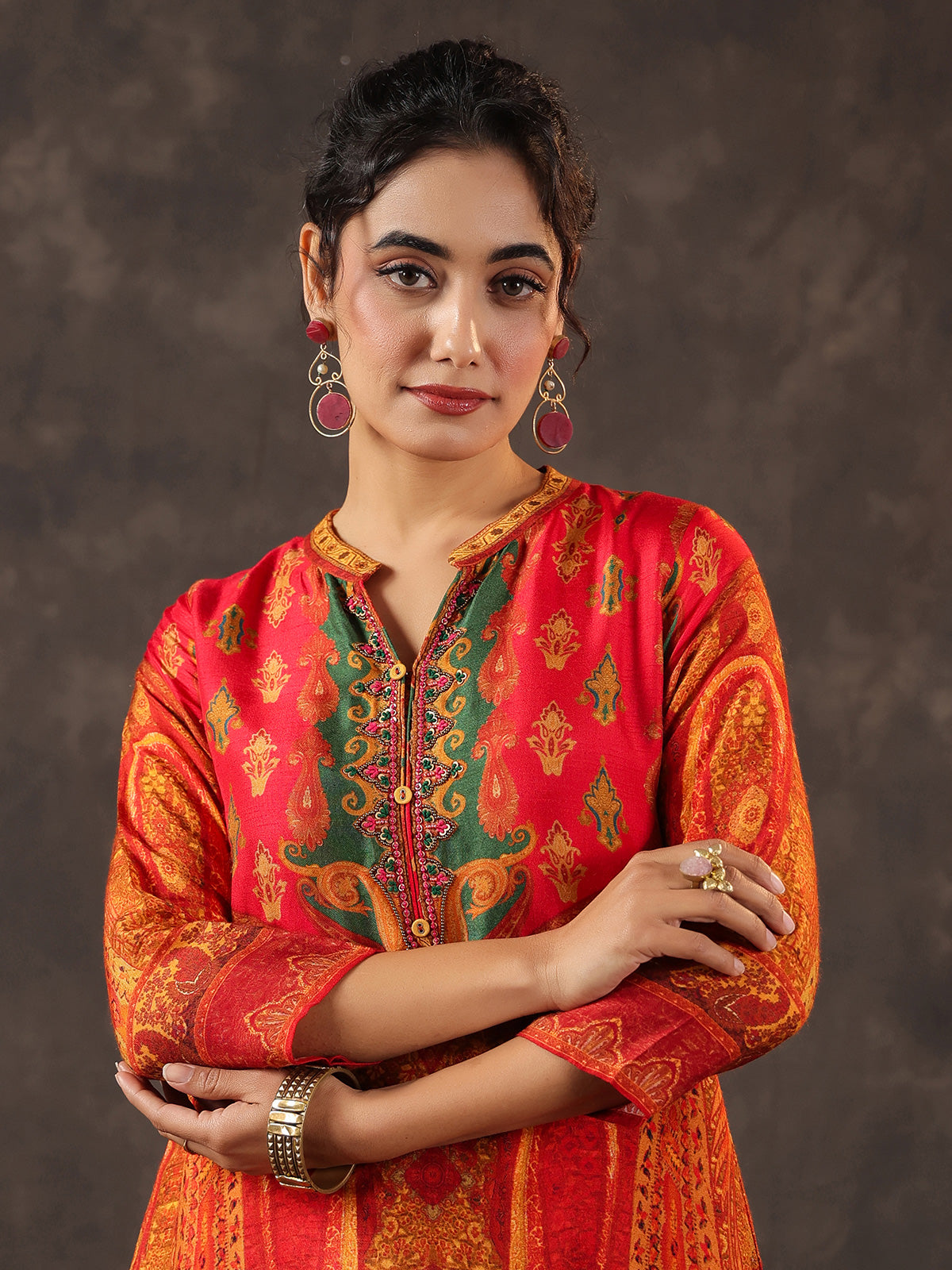 Red dola silk printed A line traditional kurti set