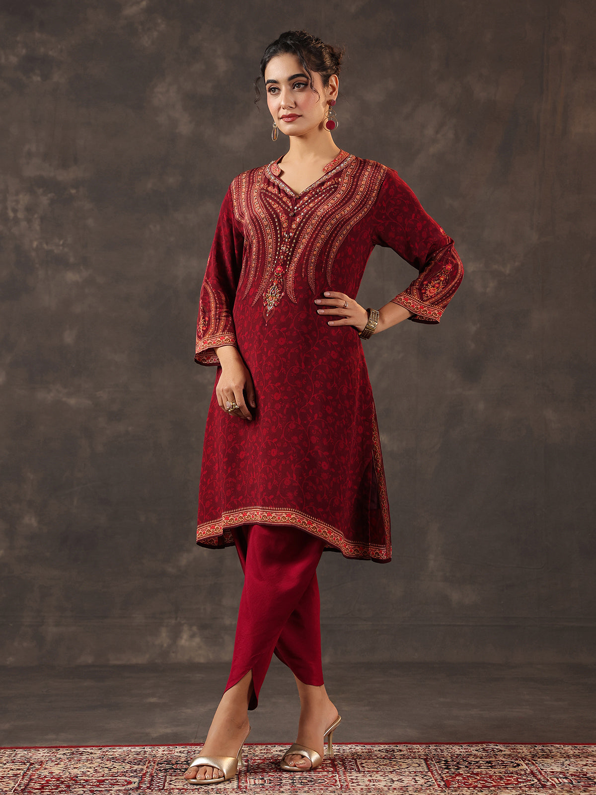 Maroon viscose crepe printed kurti set with embellishments