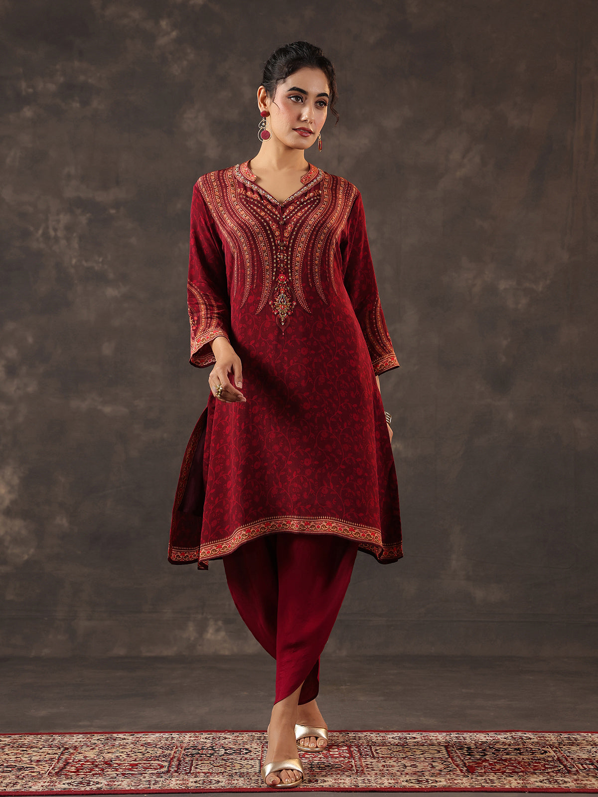 Maroon viscose crepe printed kurti set with embellishments