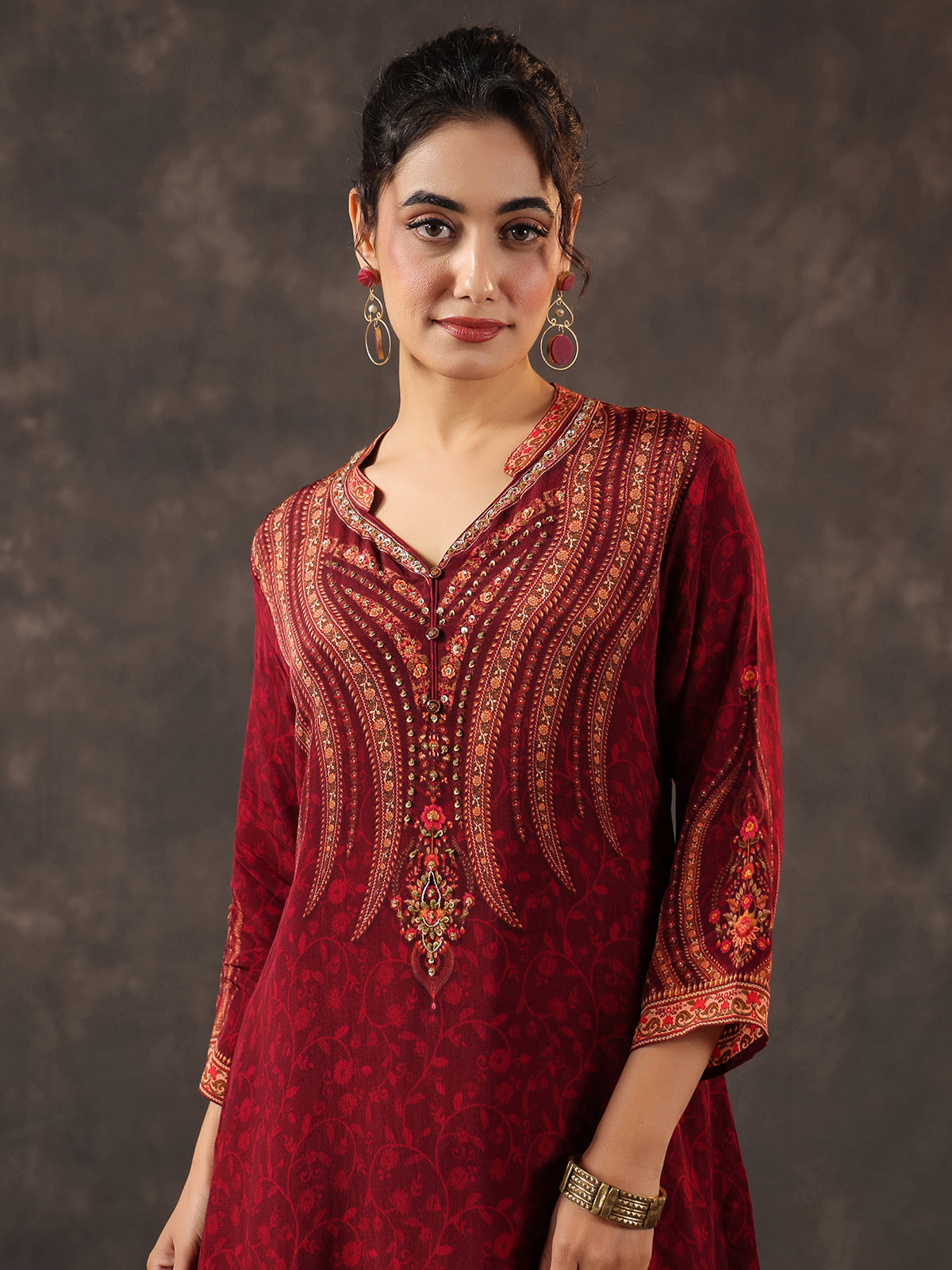 Maroon viscose crepe printed kurti set with embellishments