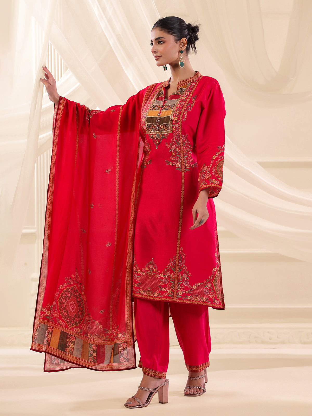 Magenta russian silk printed yoke style kurti set