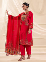Magenta russian silk printed yoke style kurti set