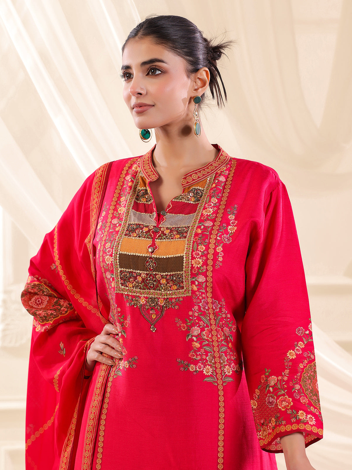 Magenta russian silk printed yoke style kurti set