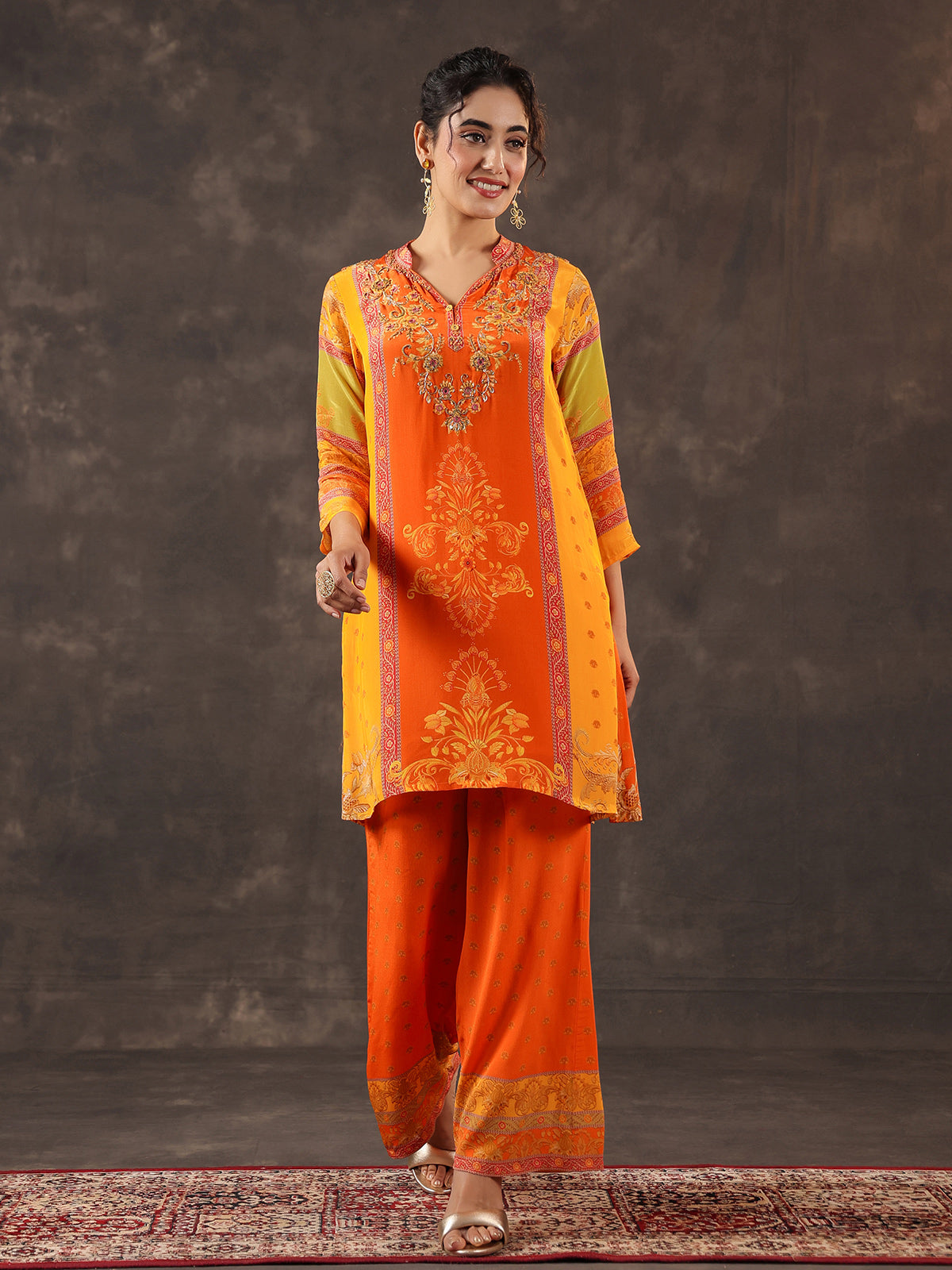 Orange viscose crepe printed palazzo set with mirror