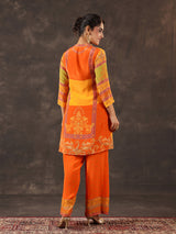 Orange viscose crepe printed palazzo set with mirror