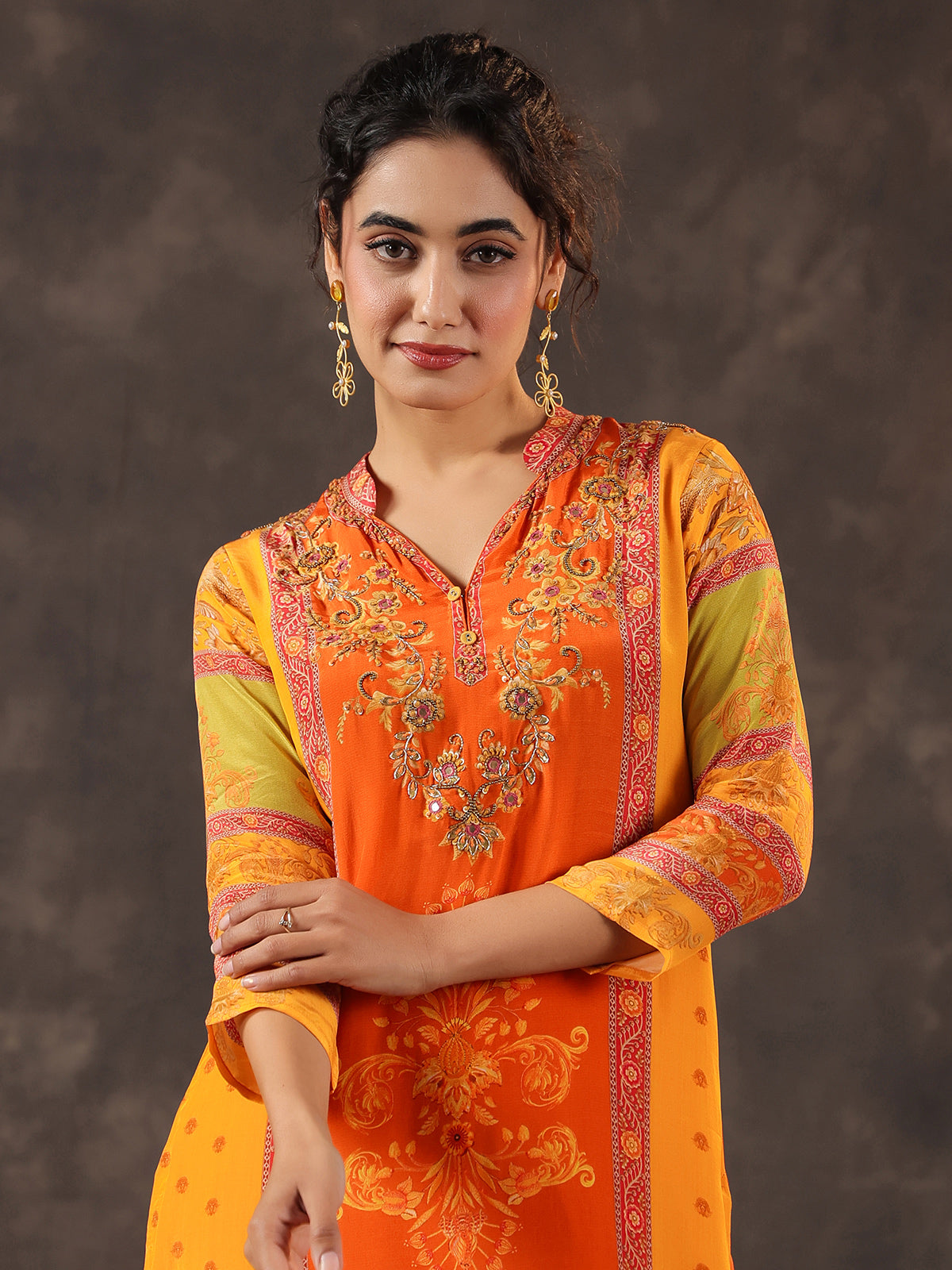 Orange viscose crepe printed palazzo set with mirror