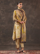 Beige viscose crepe printed kurti set with dupatta