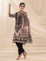 Black viscose crepe printed kurti set with dupatta