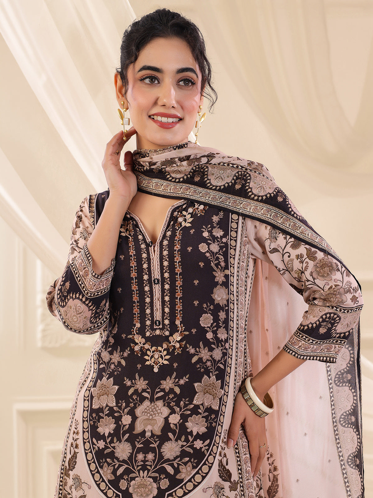 Black viscose crepe printed kurti set with dupatta