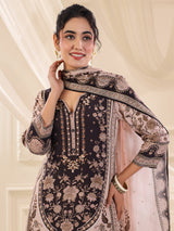 Black viscose crepe printed kurti set with dupatta