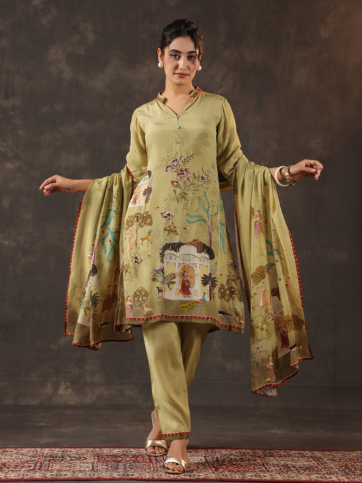 Light olive viscose crepe printed kurti set with dupatta