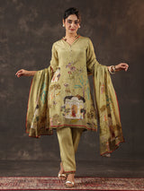 Light olive viscose crepe printed kurti set with dupatta