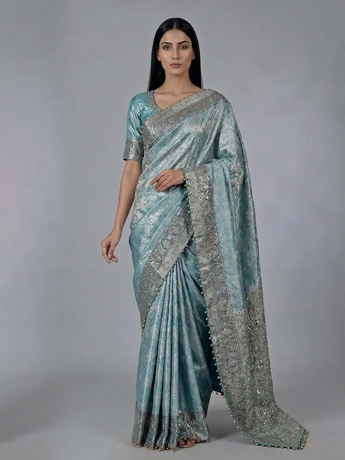 Sky blue semi kanjivaram silk saree with zari work