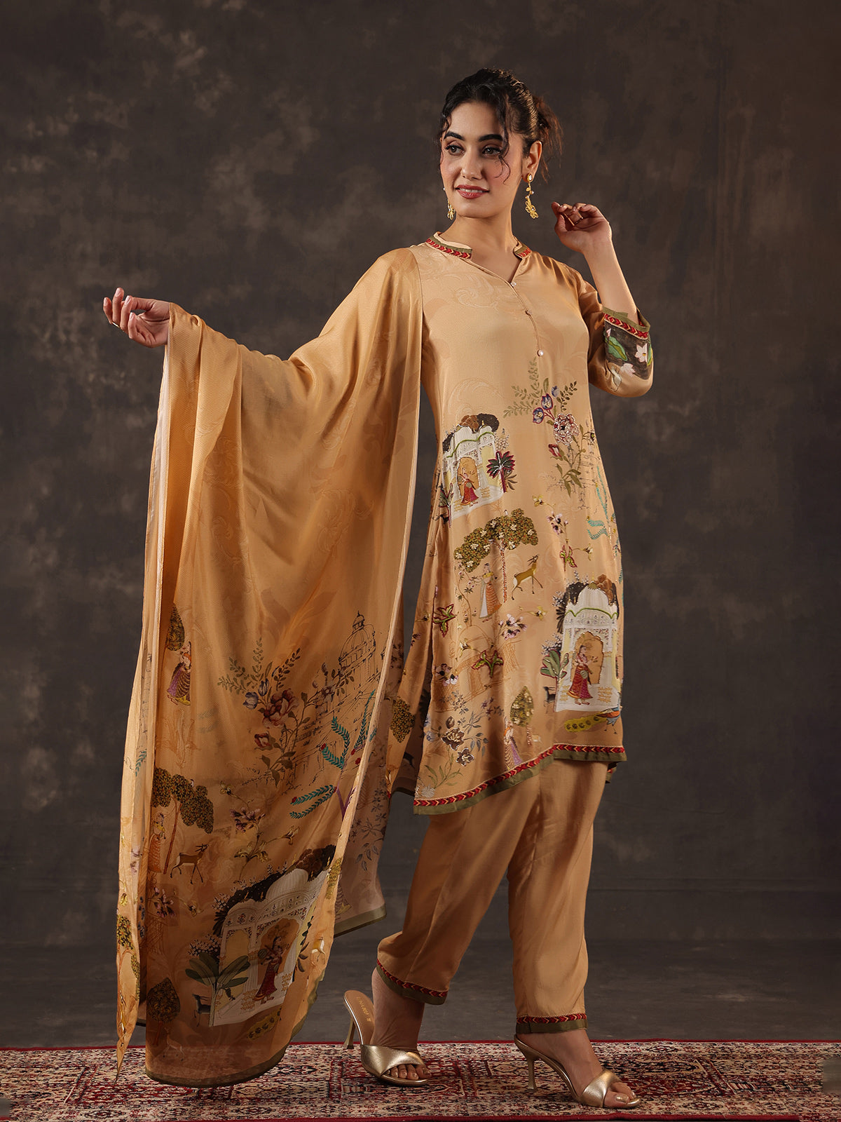 Beige viscose crepe printed kurti set with zardosi