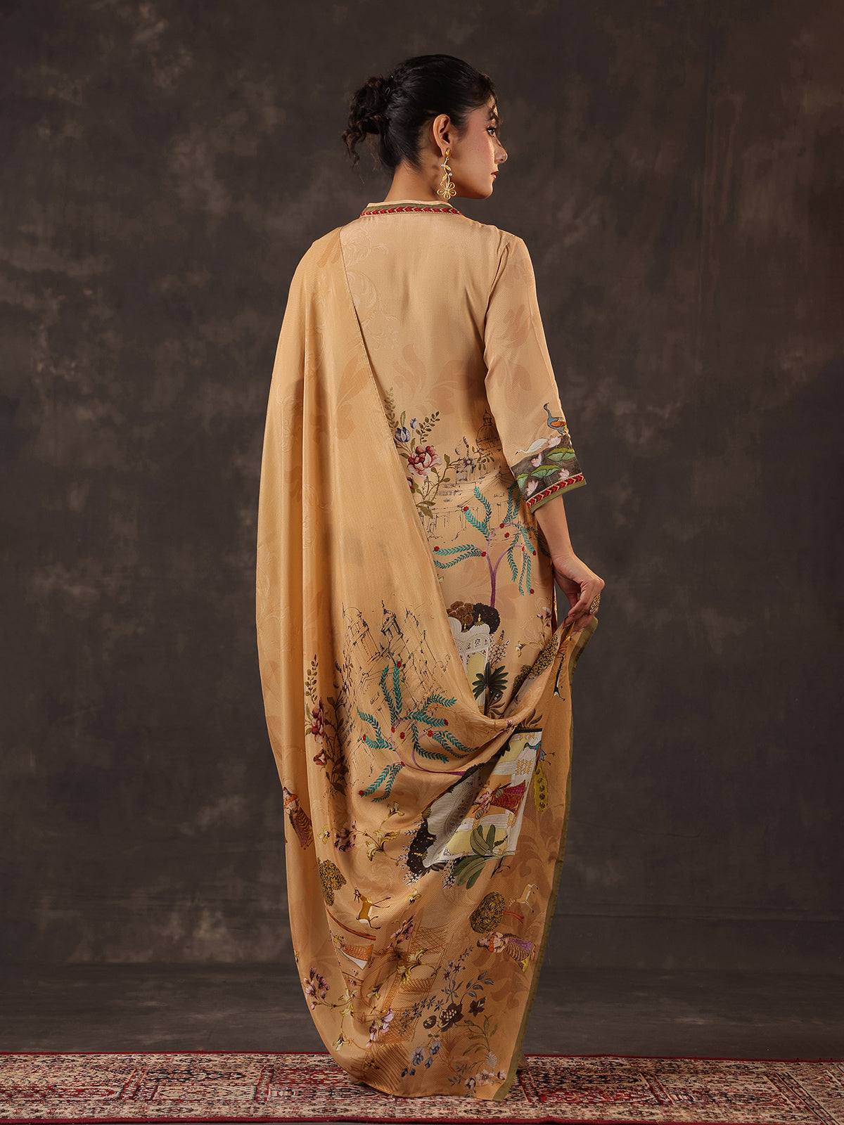 Beige viscose crepe printed kurti set with zardosi