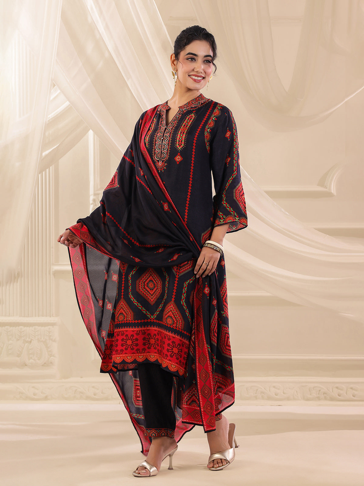 Navy blue dola silk printed straight kurti set