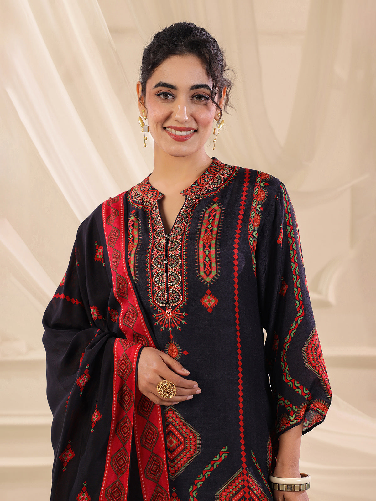 Navy blue dola silk printed straight kurti set