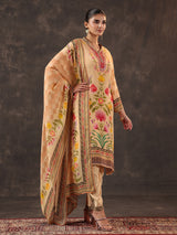 Cream viscose crepe printed kurti set with dupatta