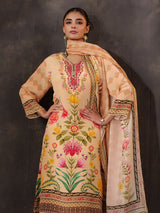 Cream viscose crepe printed kurti set with dupatta