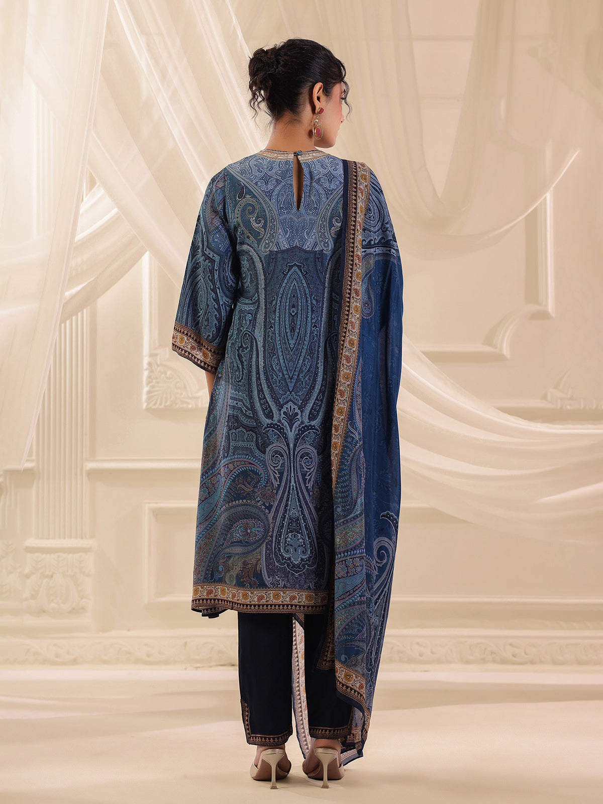 Blue viscose crepe printed yoke style kurti set