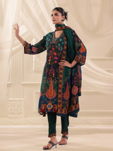 Bottle green viscose crepe printed kurti set