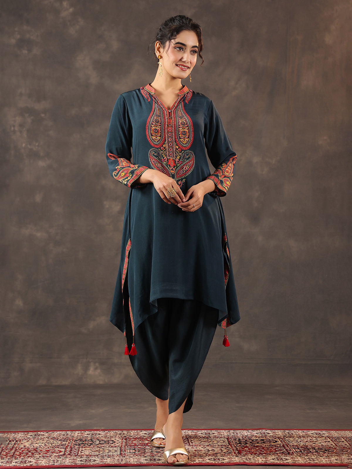 Rama blue viscose crepe printed kurti dhoti set