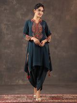 Rama blue viscose crepe printed kurti dhoti set
