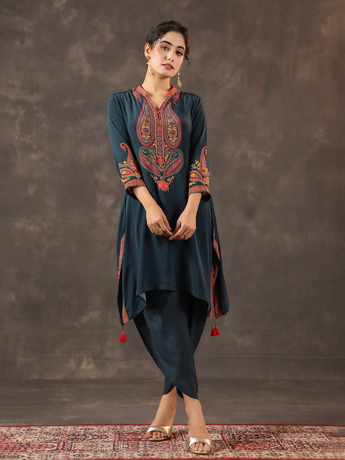Rama blue viscose crepe printed kurti dhoti set