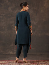 Rama blue viscose crepe printed kurti dhoti set